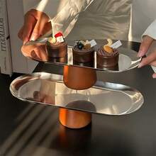 1 Set Wooden High-Footed Fruit Bowl, Minimalist & Elegant Stainless Steel Tray - Silver Stainless Steel Oval Wooden Feet - View 8