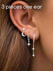 6/3PCS Set New Star Moon Cartilage Piercing Earrings Cubic Zirconia Stainless Steel Pendant Chain Hoop Earring Piercing Jewelry - Multiple Sets - View 5