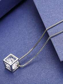 1 件圆形切割立方氧化锆银色吊坠项链女士礼物 - 銀色 - 查看 3