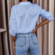 Plain Button-Up Casual Long Sleeve Shirt, Suitable For Daily Wear In Autumn - Blue - View 6