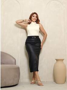 Women's Midi Skirt In Synthetic Leather With Front Slit Comes With Belt, Sizes M And G Mother's Day Autumn - màu đen - Xem 6