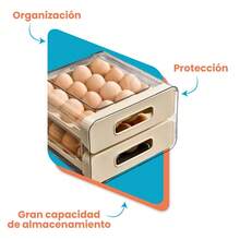 Caja organizadora para huevos de 2 niveles cocina almacenar, recipiente multiusos para refrigerador, estructura transparente apilable, capacidad para 24 huevos, diseño compacto, materiales duraderos y seguros para alimentos, organización eficiente y fácil limpieza, ideal para hogares modernos - Beis - Ver 4