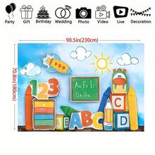 1pc Photography Background Banner, Blue Sky White Cloud Alphabet ABC Color Crayon Design, Suitable For Parties, Party Photography Background, Universal Theme - Multicolor - View 2