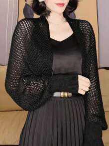 1pc Women Honeycomb Sleeve Shawl, Knitted Hollow Out Collar Cardigan, Fashion Shawl For Gather And Daily Wear, Spring/Summer