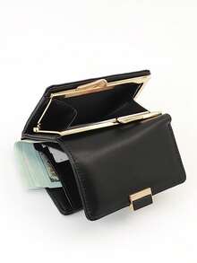 女士纯色按扣小钱包三折多功能钱包女士钱包迷你钱包钱包 - 黑色 - 查看 5