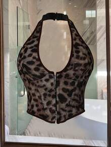 Apperloth A Y2K Vintage Leopard Print V-Neck Boned Grommet Eyelet Front Lace Up Back Halter Corset Shapewear Party Crop Tank Top Edgy Sexy Music Festival