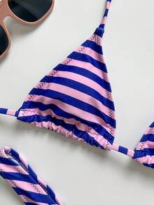 Women's Basic Striped Print Swimwear, Suitable For Various Occasions From Pool To Beach In Summer, Daily Mini Triangle Bikini Beach Outfit Vacation - Purple - View 5