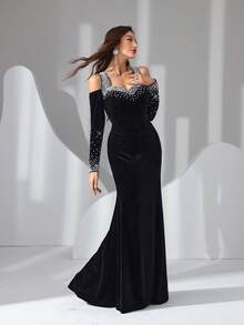 Elisanya Women's Ruffled Rhinestone Velvet Dress With Backless Tie Design, Elegant - Black - View 4
