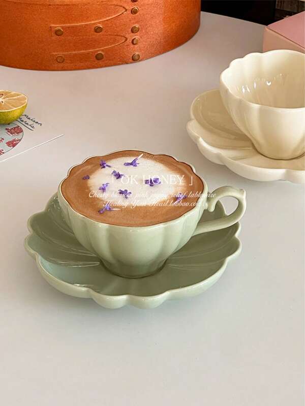 1 Pc French Lotus Shape Ceramic Coffee Cup & Saucer Set, Latte Cup, Creative High Aesthetic Afternoon Tea