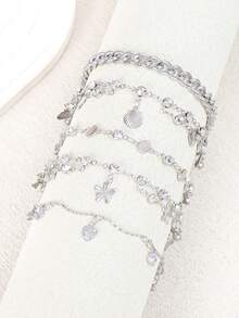 5 件/1 件时尚优雅心形锆石、贝壳、蝴蝶、银手链套装，适合女士日常佩戴、海滩、约会、派对、音乐节、礼物 - 銀色 - 查看 12