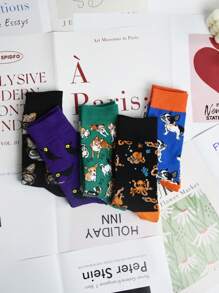 5 Pairs Women Cartoon Dog Print Socks, Cute Animal Pattern Comfortable Daily Casual Fashion Mid-Calf Socks, Autumn/Winter