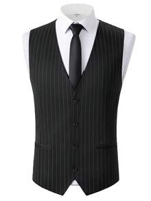 3PCS Stripe Mens Suit Formal Business Wedding Prom Suit Pinstripe Male Groom Tuxedo, Solid Color, Blazer+Vest+Pant, Modern Fit Wedding Party Dinner Formal, Long Sleeves, Machine Washable - màu đen - Xem 6