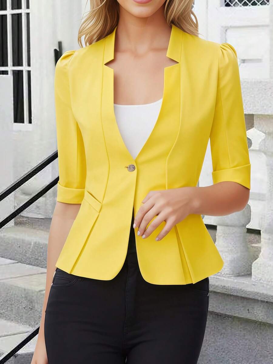 HOMEYEE 女式 V 领泡泡袖复古优雅夏季休闲西装外套