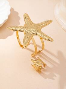 1 set de bracelet ouvert géométrique en forme d'étoile de mer et 1 bague ouverte en forme d'étoile de mer, convenant pour un port quotidien et pour les vacances pour femmes