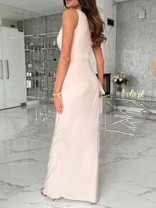 2025 Spring And Summer Fashion Solid Color Party Elegant Elegant Hollow High Slit To Thigh Women's One Shoulder Sleeveless Mid-Length Dress - Pink - View 4