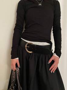 1 件黑色 PU D 形扣绒面革经典百搭宽腰带，适合夏季、学校秋季、秋季、万圣节 - 黑色 - 查看 3