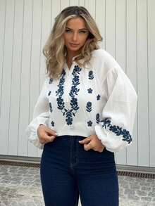 Jeta Ari 冬季女装，白色，轻松时尚必备，亚麻长袖刺绣衬衫，法式刺绣衬衫女士刺绣装饰长袖衬衫，波西米亚风格白衬衫，精致刺绣，奢华面料，透气性极佳，这款服装非常适合日常穿着、通勤、度假 - 白色 - 查看 2