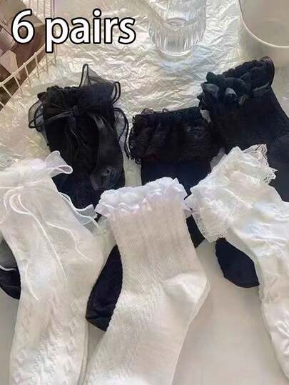 6 Pairs Women Solid Color Black & White Lace Bow Mid-Calf Socks, Fashion Minimalist Casual Comfortable, Suitable For Daily Wear, Travel, Party, College Style, Paired With Skirts Christmas Gift