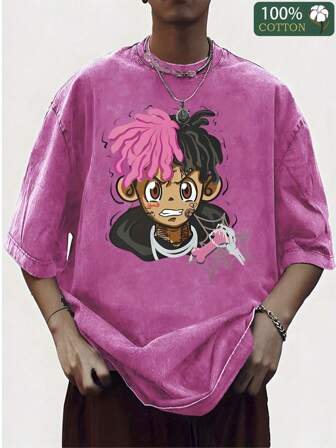 230g Washed T-Shirt With Street Anime Pattern Printing, High-Quality Wax Printed Cotton, Retro, Korean Wave, Carnival Clothing, Pattern Printed T-Shirt, Machine Washable, With A Certain Thickness Suitable For Summer T-Shirts, Outdoor Activities, Holiday Gifts