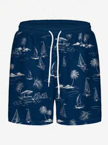 Men's Swimming Trunks With Halloween Coconut Sailboat Line Art 3D Digital Print, Casual Daily Holiday Beach Shorts With Drawstring, Single Layer No Lining - Royal Blue - View 3
