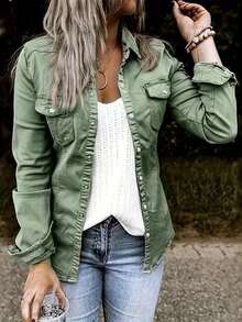 Women's Solid Color Lapel Long Sleeve Button-Down Shirt Top Casual Denim Blouse,Halloween Costumes - 軍綠色 - 查看 2
