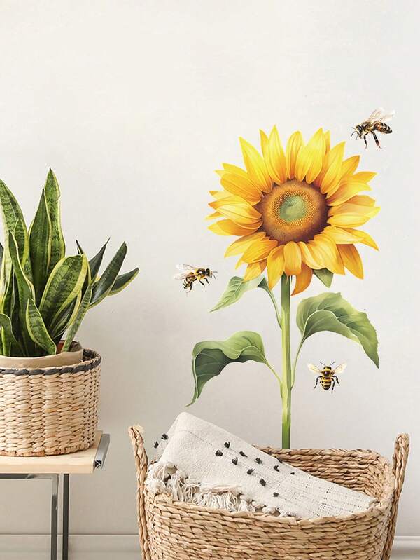 1 ملصق حائط بشكل نحلة وزهرة دوار ثلاثية الأبعاد، ديكور لاصق ملائم للمنزل والغرفة وغرفة المعيشة والحمام، مناسب لعيد الشكر والأعياد المميزة، ملصقات لديكور جميل للمنزل