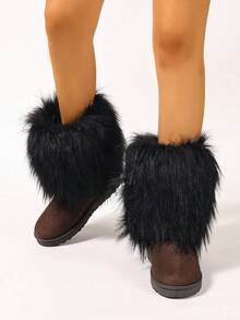 Women Faux Fur Boots, Solid Color Cute Y2K Fabric Faux Fur Patchwork Girl Fashion Boots For Holiday, Party, Outdoor Wear, Spring Autumn Winter