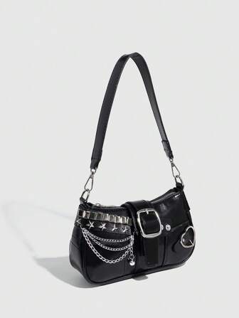Retro Fashion Little Girl Bag Y2K Style Mini Handbag Colorblock Star Chain Crossbody Bag, Baguette Underarm Bag