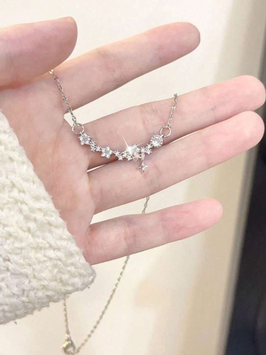 不褪色的星星和花朵吊坠项链，百搭简约锁骨链配饰情人节、妈妈、母亲、母亲节、礼物 - 銀色 - 查看 1