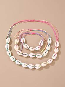3pcs/Set Bohemian Shell Adjustable Braided Necklace, Anklet & Bracelet Jewelry Set, Beach Party Accessories