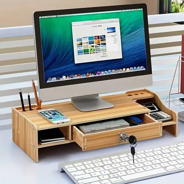 Suporte de Monitor de Madeira Ergonômico com Gaveta - Organizador de Mesa Portátil para Escritório, Inclui Espaço de Armazenamento para Canetas, Tesouras e Acessórios, Adequado para Ambientes Domésticos ou de Escritório, Suporte de Monitor Portátil | Espaço de Trabalho Organizado | Design Robusto