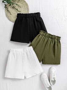 3pcs Girls Casual Solid Color Button Decorated Shorts, Summer