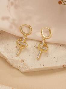 2Pcs Gold Crown Cross Hoop Earrings For Women, Sparkling Crystal Detail, Elegant Religious Jewelry For Daily Wear, Gift For Christmas Or Special Occasions