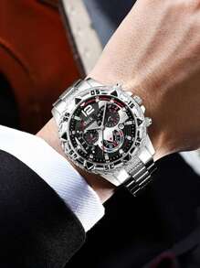 4pcs/Set Men's Business Watch Set, Stainless Steel Quartz Watch With Round Dial & Indicator, Comes With Fashion Pendant Necklace, Bracelet And Ring, Ideal Gift For Men