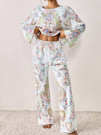 Women's Bohemian Sheer Paisley Print Lounge Set ,Long Sleeve Top And Pocket Wide Pants, Fashion Home Outfit For Autumn, Two Pieces Set Lounge Set