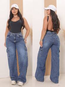 Women's Wide Leg Cargo Jeans With High Waist And Premium Side Pockets - 中等水洗藍 - 查看 1