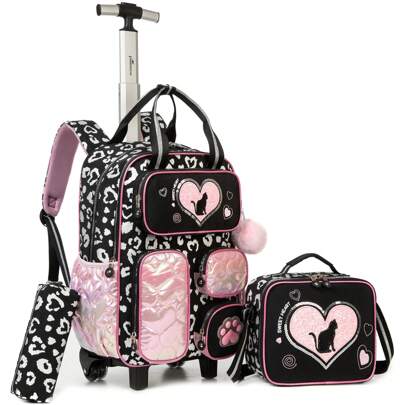 3PCS Girls Love Rolling Backpack  Mini Luggage Wheel Backpack For Girls Students Hand Push Rod Backpack With Roller With Lunch Bag Pencil Bag Portable Cartoon Design