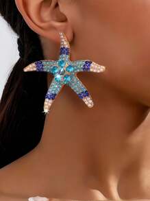 1pc Fashion Personalized Summer Beach Ocean Style Starfish Rhinestone Ombre Blue Metal Earrings, Metallic Texture, Suitable For Daily Wear, Festivals, Parties, And Beach Vacations
