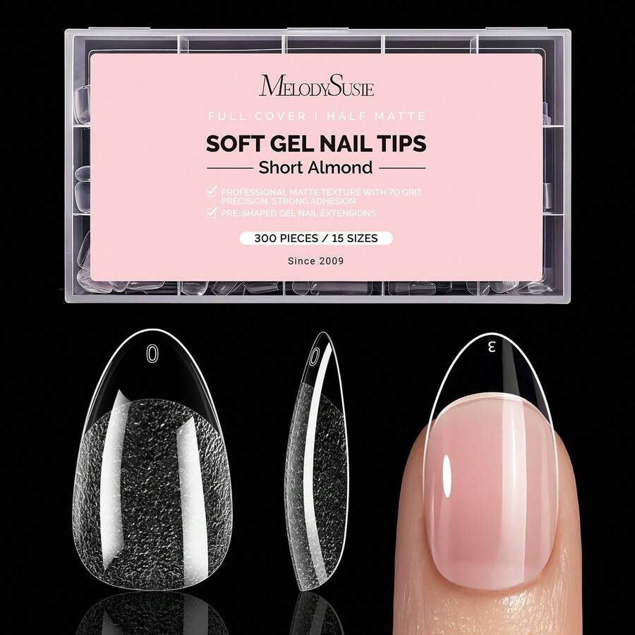 Short Almond Gel X Nail Tips, 300Pcs Pre-Shaped Half Matte Acrylic Fake Nails, 12 Sizes Full Cover Soft Gel Nail Tips For Nail Extension At Home DIY Salon - Short Almond - 查看 1