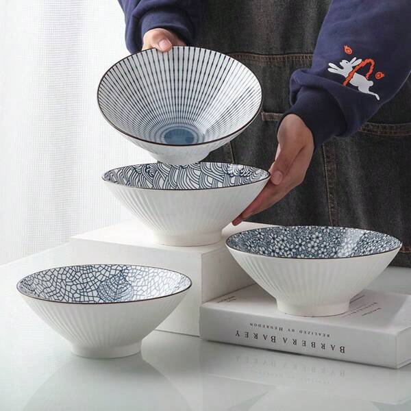 38 Oz Japanese Ramen Bowls Set Of 4, Large Pho Bowls, 8 Inch Ceramic Blue And White Soup Bowls, Mixing Pattern,School Supplies