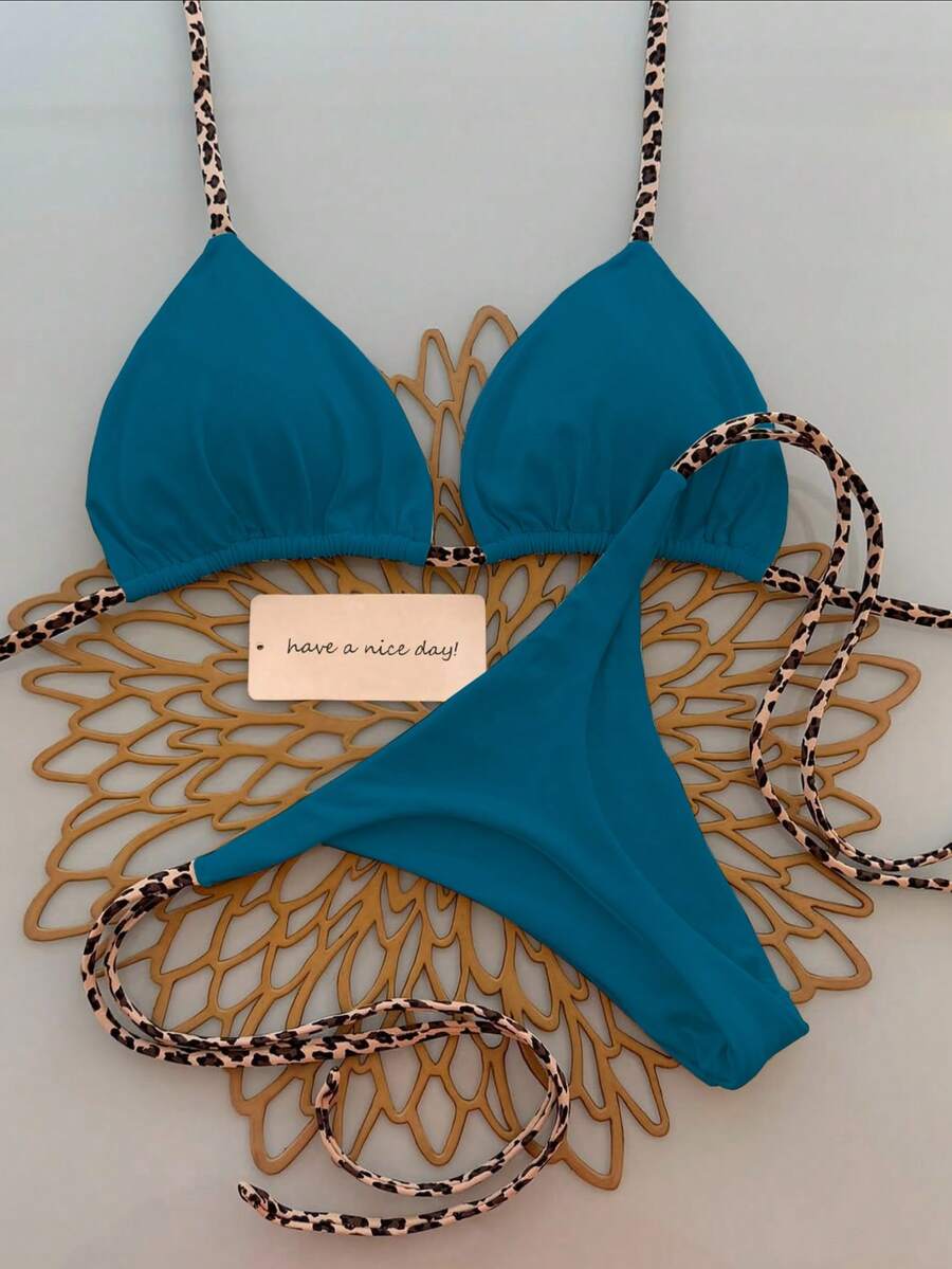 Bộ bikini hai mảnh buộc dây cổ, in họa tiết da báo, gợi cảm dành cho nữ, thích hợp cho kỳ nghỉ hè ở bãi biển. - Màu xanh bụi bặm - Xem 1