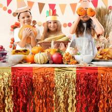 1pc Red, Orange & Gold Metallic Foil Wave Fringe Table Skirt, Fits Rectangular & Round Tables, Thanksgiving Party Harvest Autumn Season Table Decor Gift