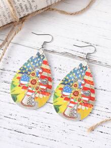Vintage Leopard, Sunflower, Cross, Red White Blue Striped Star Patriotic USA Women PU Double Sided Water Drop Pendant Earrings