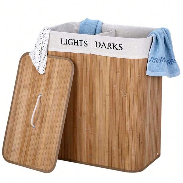 Bakaji Cesto Biancheria Sporca a Doppio Scomparto Portabiancheria 2 Spazi di bambù e Tessuto capacità 100 Lt 52 x 32 x 63 cm