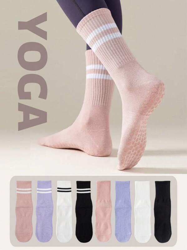 Pacote com 2/4 pares de meias antiderrapantes para pilates, 8 cores aleatórias, meias coloridas para ioga femininas, meias aderentes para pilates com aderência e respiráveis, adequadas para balé e ioga
