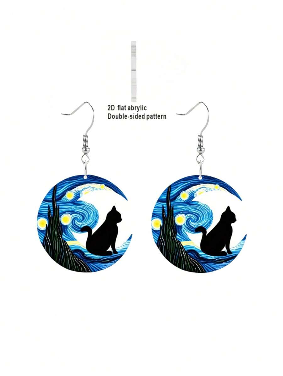 [Unique 2D Van Gogh Earrings] 1-Pair Van Gogh Starry Night Black Cat Earrings - Unique 2D Effect Acrylic, Exquisite Earrings, Perfect For Parties & Gifts, Suitable For Daily Wear