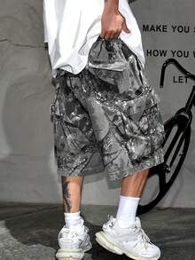 男士时尚工装短裤，户外休闲数码印花阔腿短裤，适合夏季，轻便街头风宽松5英寸短裤，夏季沙滩裤 - 灰色 - 查看 3