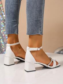 Women's White High Heel Sandals, Fashionable Square Toe, Crystal Embellished Chunky Heel, Elegant Fairy Style Style, Suitable For Summer Dresses, Cheongsam, Open Toe, Soft Bottom - White - View 7