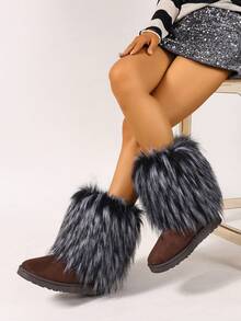 Women Solid Color Cute Y2K Faux Fur Fabric Patchwork Boots, Fashion Boots For Holiday, Vacation, Party, Outdoor, Spring Autumn Winter