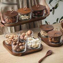 1件套豪华甜品碗配红木托盘，家用水果盘，小吃托盘，客厅隔间果盘，茶室玻璃碗甜点，红木托盘，礼物 - 金色 - 查看 4